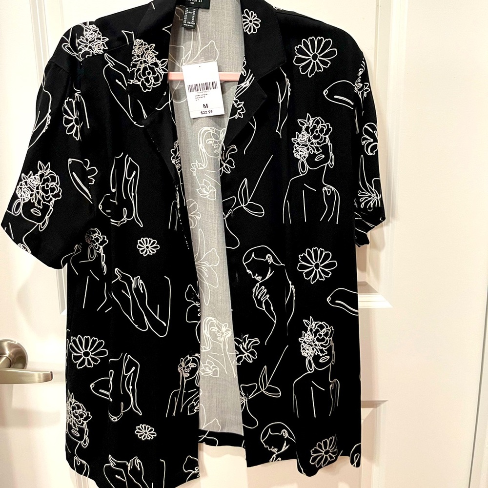 Black and White Printed Button Tee